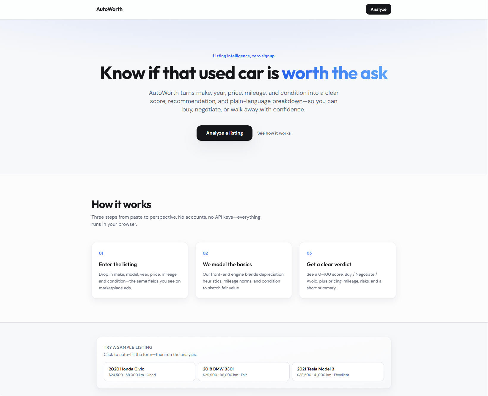 AutoWorth interface showing listing analysis and recommendation
