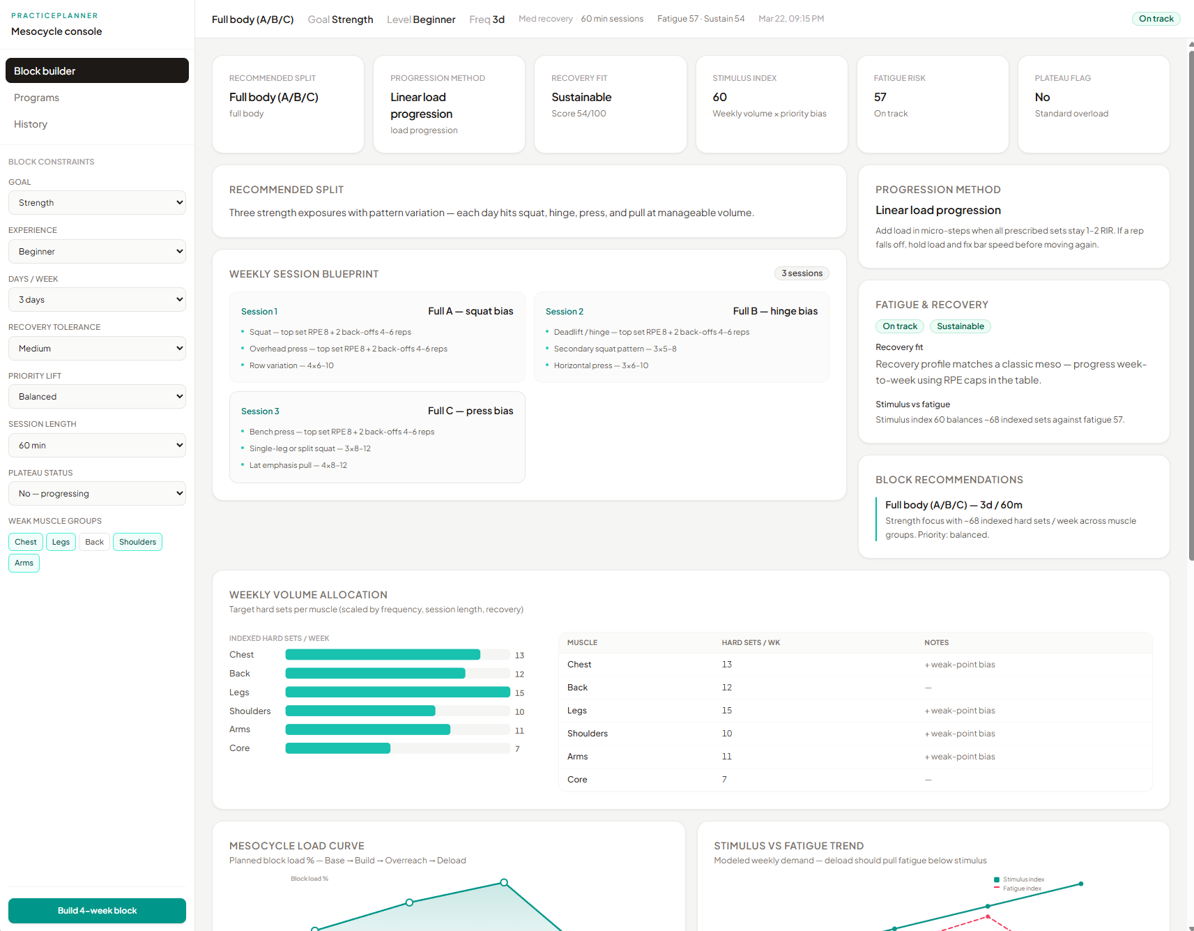PracticePlanner dashboard showing weekly plan and progression areas