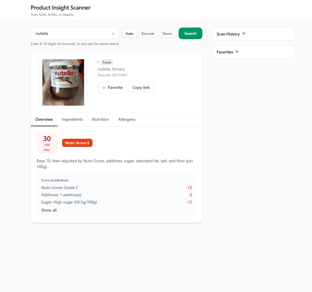 Product Insight Scanner showing product lookup and score presentation